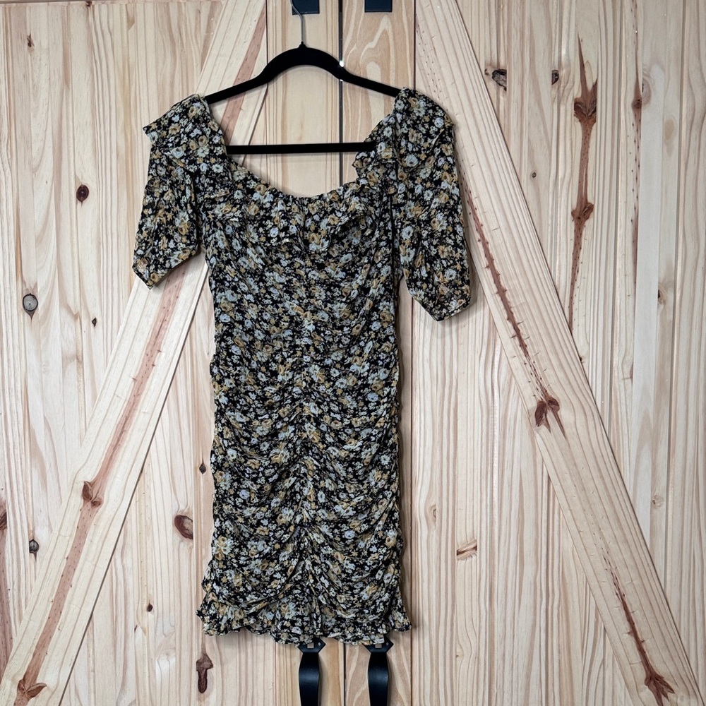 Astr Floral Ruched Off-Shoulder Mini Dress in Black and Yellow